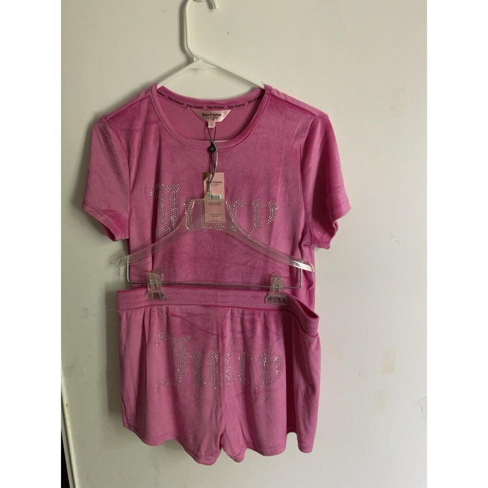 Juicy Couture Pink Soft Velour Sleepwear Top & Short 2pc Bling Logo NWT Large